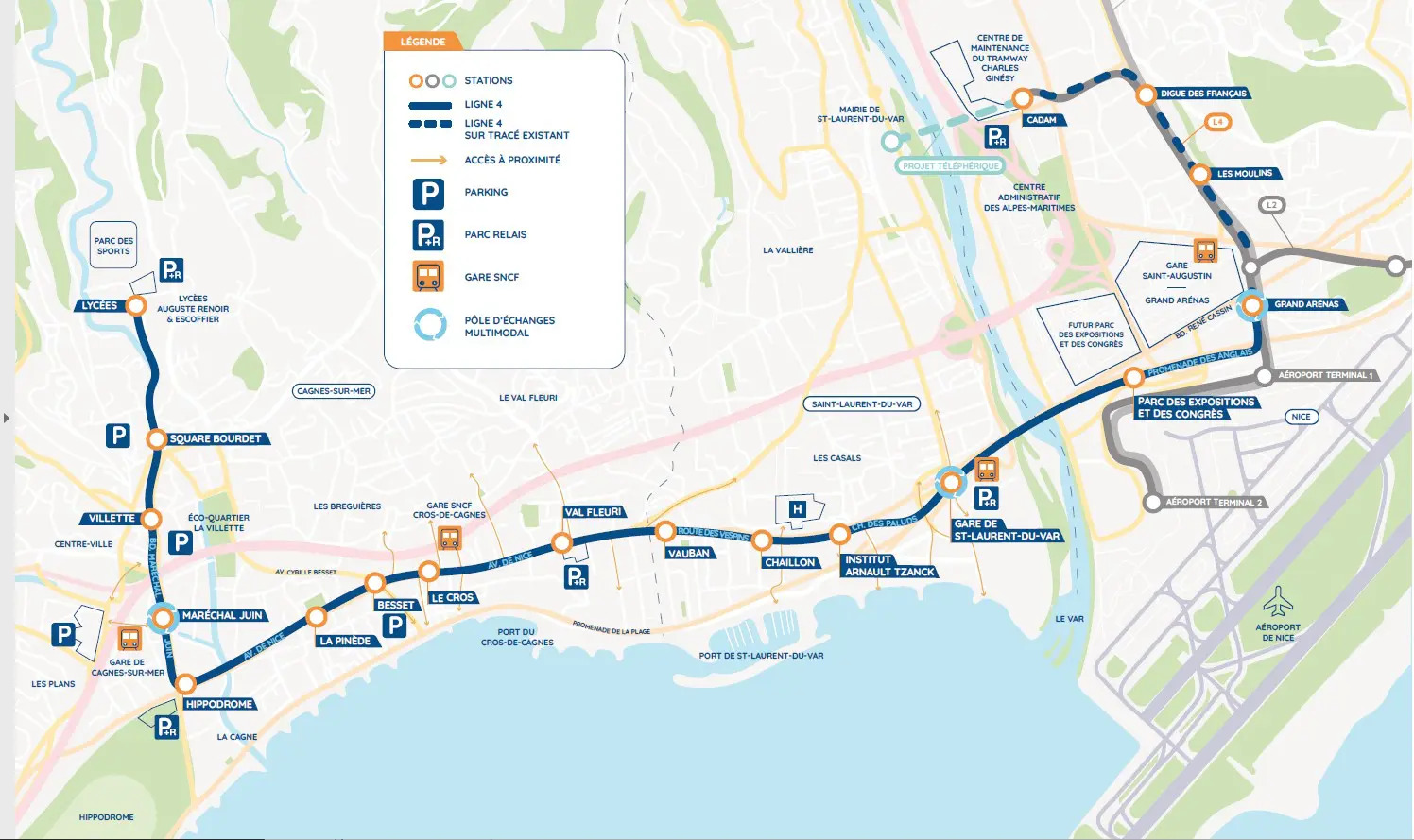 Tracé tramway ligne 4 entre Nice St laurent du Var et Cagnes sur Mer 